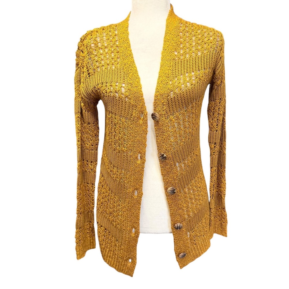 Women XS Crochet Open Knit Cardigan Ginger Jar Yellow Boho Button Front Coastal